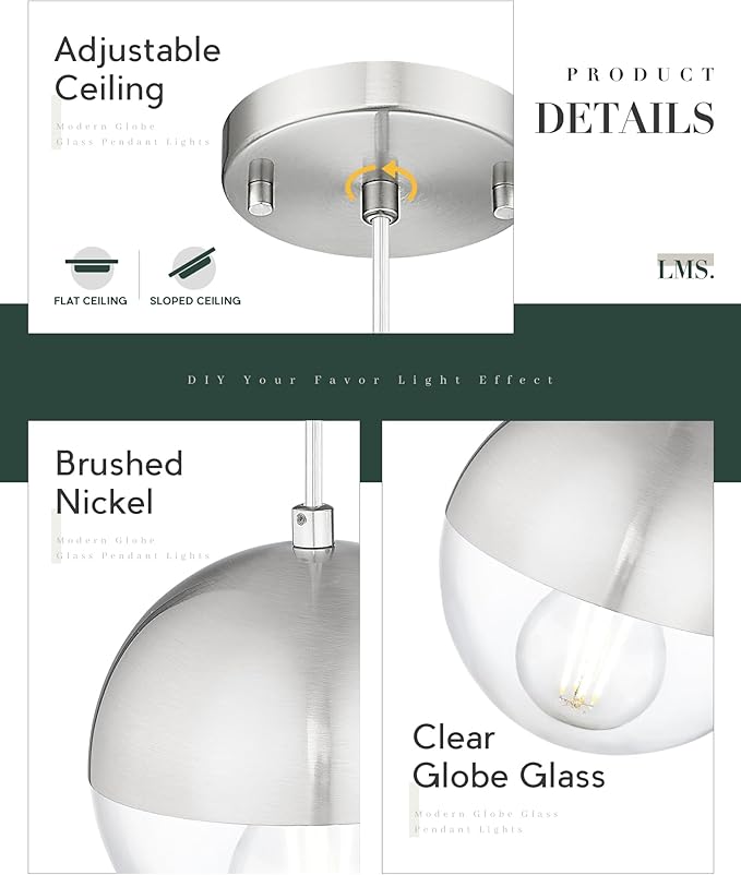 LMS 6-inch Industrial Pendant Light, Brushed Nickel Hanging Light Kitchen Island with Clear Globe Glass, Adjustable Hanging Pendant Light Fixtures for Dining Room Living Room Guest Room, LMS-186BNCS