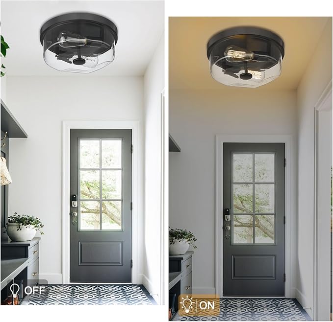 Flush Mount Ceiling Light with Clear Glass Shade, 2-Light Indoor Outdoor Farmhouse Lighting Flush Mount Lights for Kitchen Bedroom Porch Living Dining Room(Black)