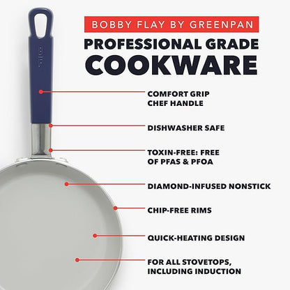GreenPan x Bobby Flay 8" Nonstick Frying Pan Skillet, PFAS-Free Diamond Ceramic, Induction Suitable, Stay-Cool Silicone Handle, Easy Clean Dishwasher & Oven Safe, Egg & Omelet Pan, Oxford Blue