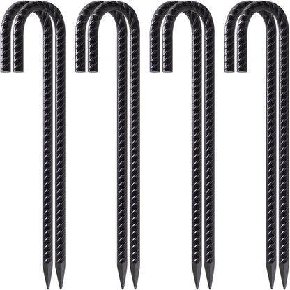 VVOKGO Rebar Stakes 12 Inches J Hook Heavy Duty Chain Link Fence Stakes, 8 Pcs Metal Long Tent Spikes Ground Anchors for Wire Fencing, Dogs Digging, Camping Tents, Swings, Greenhouse, Black
