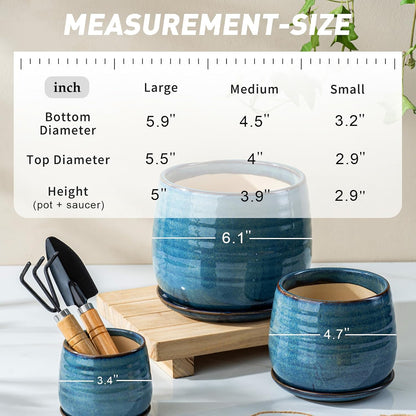 Ceramic Plant Pots with Drainage Holes and Saucers, Indoor Flower Pots for Plants Set of 3, 3.4+4.7+6.1 inch Cute Garden Pots Set for Succulent and Money Tree, Gift for Housewarmings, Blue