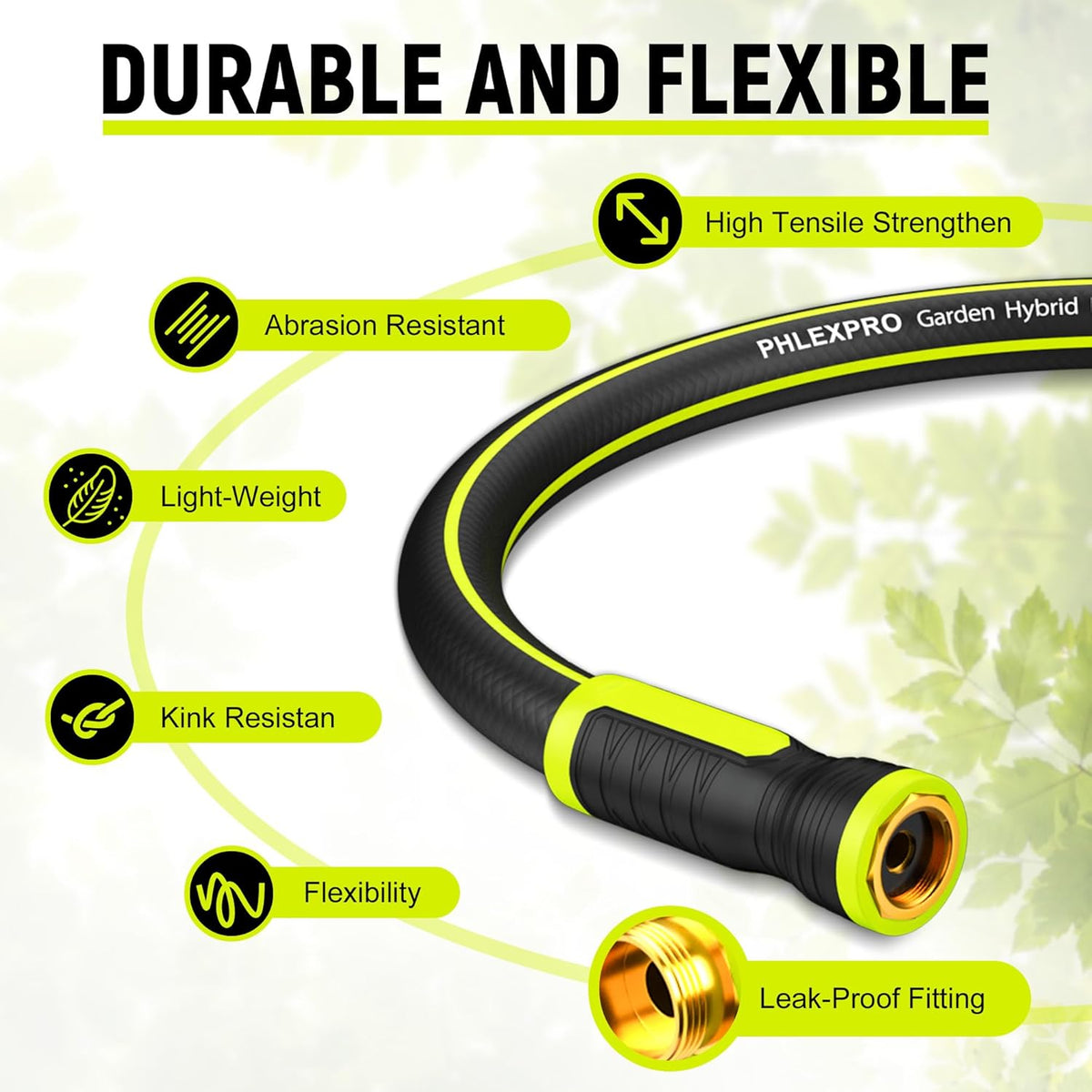 Garden Hose 3FT - PHLEX PRO Water Hose Heavy Duty Premium 5/8'' Rubber 3-Layer, Innovation Flexible Hybrid Lightweight Water Hose, Full Brass Male to Female Fittings