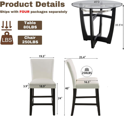 PADMA HOUSE Glass Pub Dining Set for 4, 45in Modern Round Wood Glass Counter Height Bar Table with 4 Leather Pub Stools 5 Pieces Round Bistro Dining Table Chair Set,Clear&Ivory