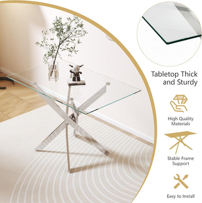 5 Piece Glass Dining Table Set for 4, Modern Kitchen Table and Chairs Set, Tempered Glass Table with 4 Upholstered Chairs, Space-Saving Dining Set for Small Apartment, Kitchen (Silver&White)