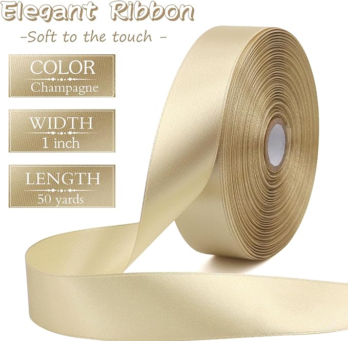 Champagne Solid Satin Ribbon 1 Inch 50 Yards Solid Polyester Fabric Ribbon for Gift Wrapping Wedding Christmas Baby Shower Birthday Party Decoration Handmade Immortal Flower Craft