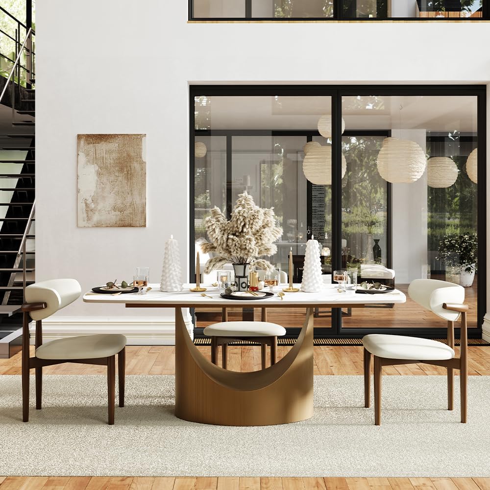 POVISON 63" Modern Dining Table for 4-6, Hobart Rectangle Dining Table, Matte White Sintered Stone Dining Tabletop with Bronze Carbon Steel Pedestal Table (Table Only)