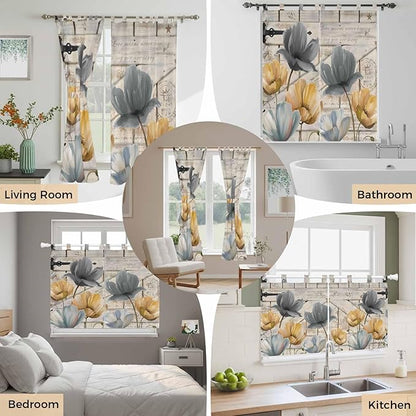 Spring Tulips Flower Kitchen Curtains 24 Inch Length, Small Window Curtains Tab Top, Vintage Floral Barn Doors Rustic Beige Light Filtering Short Window Treatments Tier Drapes 27.5"x24" 2 Panel