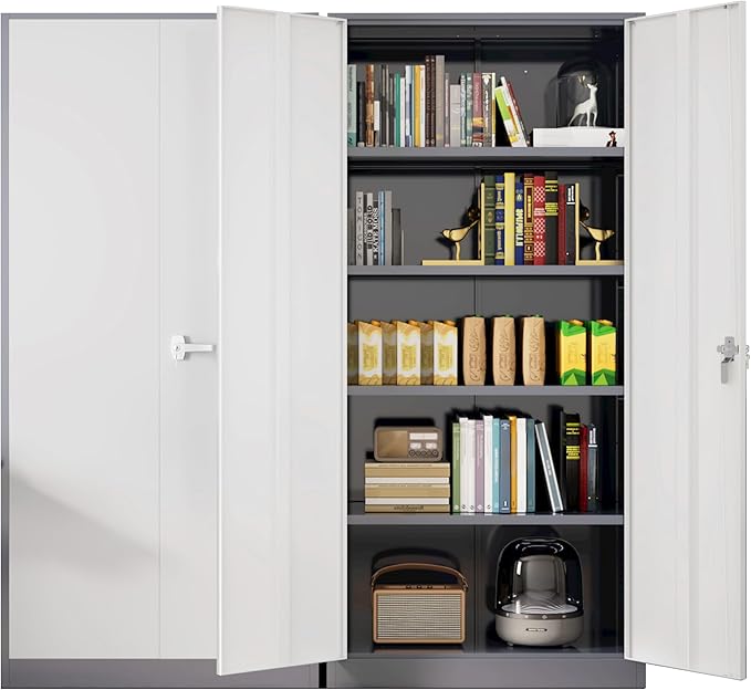 Greenvelly Metal Garage Storage Cabinet, 72”Locking Steel Storage Cabinet with 2 Doors and 4 Adjustable Shelves for Home Office,School,File(Gray White)