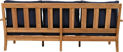 SAFAVIEH Couture Outdoor - Martinique 3-Seat Sofa - Natural & Navy - Teak Wood - Slatted Coastal Design - Ideal for Patio, Deck, Porch, Backyard, 18.3" Seat Height (CPT1013J)