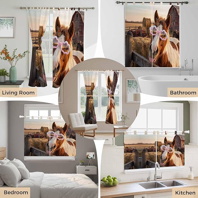Farm Horses Bathroom Curtains 63 Inch Length, Window Curtains Tab Top, Farmhouse Barn Funny Animals Butterfly Light Filtering Window Treatments Drapes 52"x63" 2 Panel
