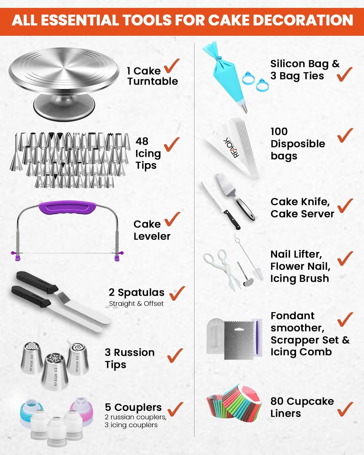 RFAQK 250 PCs Aluminum Cake Decorating Tools Kit with 12" Metal Turntable & Knife set-48 Numbered Icing Tips-3 Russian Piping Nozzles-Straight & Angled Spatula-Cake Leveler& Baking Supplies Tools