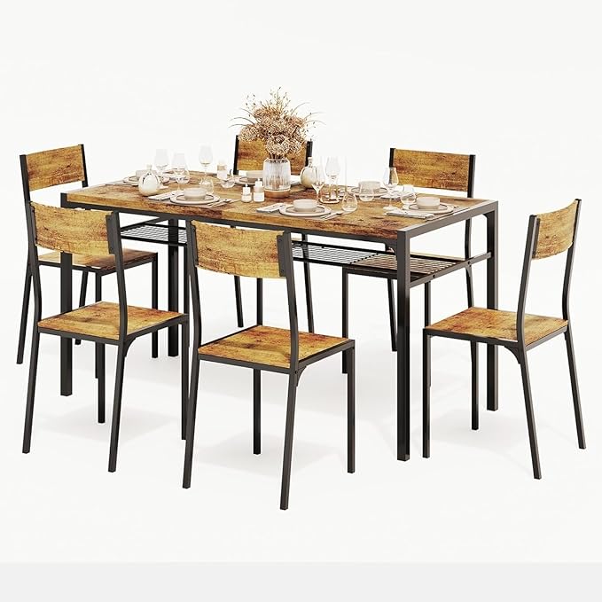 Gizoon Dining Table Set for 6 with Chairs, 7-Piece Kitchen Table Set for Small Space, Apartment, Kitchen, Dining Room, Space-Saving