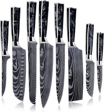 SENKEN 8-Piece Japanese Knife Set with Black Resin Handle and Laser Damascus Pattern - Onyx Collection - Chef's Knife, Santoku Knife, Bread Knife, Paring Knife, & More