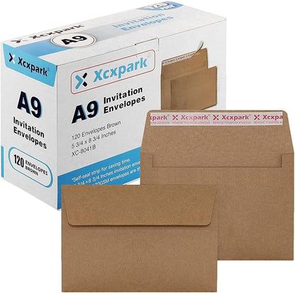 120 Qty A9 Invitation Envelopes 5.75x8.75, Self Seal 120GSM Brown Kraft Paper Envelopes for Invitations, Papers, Photos, Documents, Wedding, Baby Shower, Easy to Seal and Peel