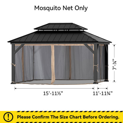 Covered Outdoor Gazebo Mosquito Netting Replacement Universal 4-Panel Sidewalls 12' x 16', Outdoor Gazebo Mosquito Nettings with Double Zipper, Replacement for Patio Canopy, Garden (Mosquito Net Only)