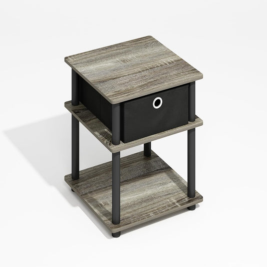 Furinno Turn-N-Tube Side Table, 3-Tier Square Modern End Table with Storage Bin, Open Shelf Night Stand, Bedside Table, Easy Assembly, Grey Oak