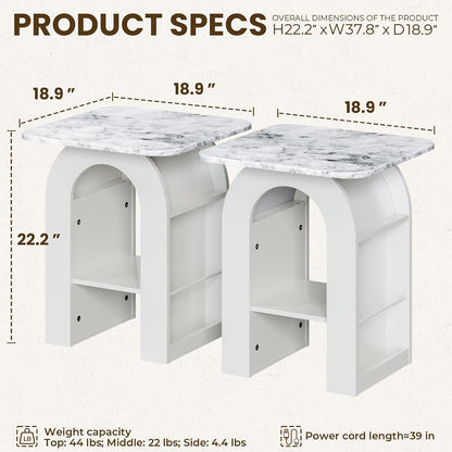 FIMELLO 19" End Table Set of 2 with Marble Top, Modern Arched Night Stand Nightstands with RGB Lighting, Bedroom Nightstand, Side Table with Storage for Living Room & Bedroom