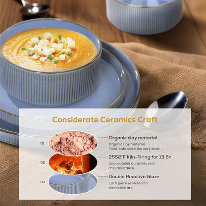 Romswi Ceramic 18Pcs Dinnerware Sets,Stoneware Plates and Bowls Set for 6, Chip & Scratch Resistant Ribbed Dish Set, Handmade Reactive Glaze, Oven, Microwave & Dishwasher Safe, Gray Blue