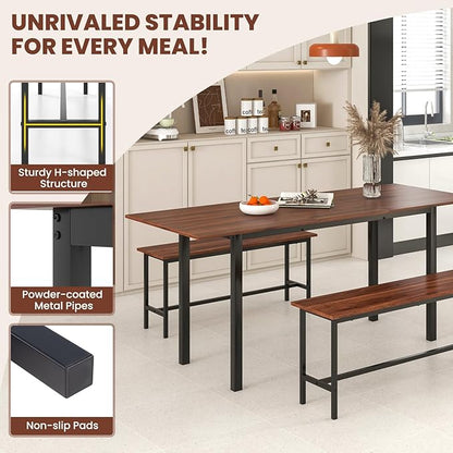 Giantex 3-Piece Dining Table Set for 4-8, 63” Extendable Dining Table with 2 Benches, Metal Frame, Dinette Table Set for Dinner, Breakfast Nook, Kitchen, Living Room, Restaurant, Walnut