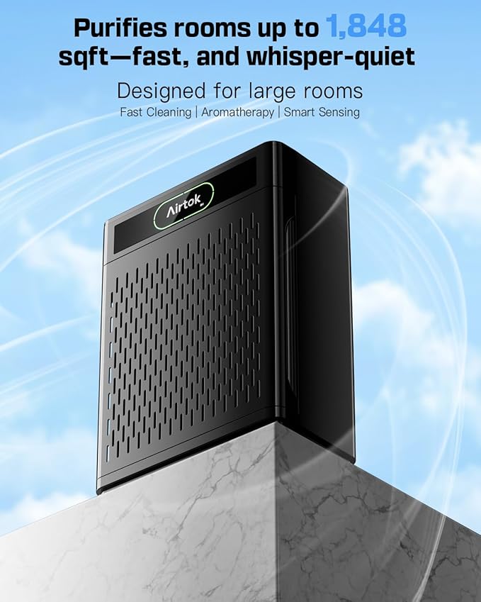 Air Purifiers for Home Large Room Up to 1848sq.ft, Airtok Air purifier for Home Pet, Washable Pre-Filter Air Quality Monitor HEAP Sleep Mode Air Cleaner for Bedroom, Dorm room, Office, AP3001 Black