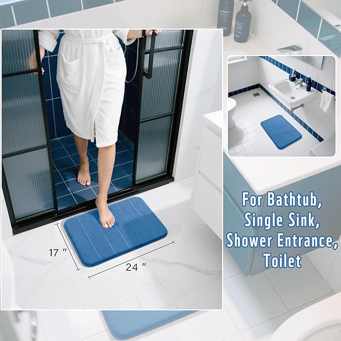 Yimobra Memory Foam Bath Mat, Super Soft Absorbent Bathroom Rug Non Slip 24x17 Inch, Quick Dry, Machine Washable Floor Carpet for Tub Shower, Home Decor Accessories, Blue