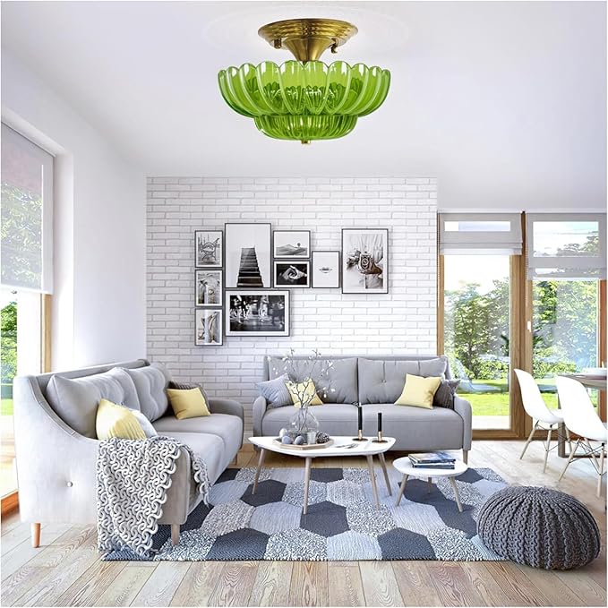 Ceiling Lights Semi Flush Mount Ceiling Light, Modern Gold Ceiling Light with Green Glass,Ceiling Lights Fixture Suitable for Bedroom Dining Room Kitchen Living Room Entryway Hallway