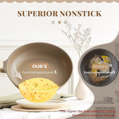 Nonstick Frying Pan with Lid, Healthy Skillet, Egg Pan Nonstick Omelet Pan Chef's Pan, PFOA & PTFE Free, Induction Compatible (10 Inch W/L Natural Linen)