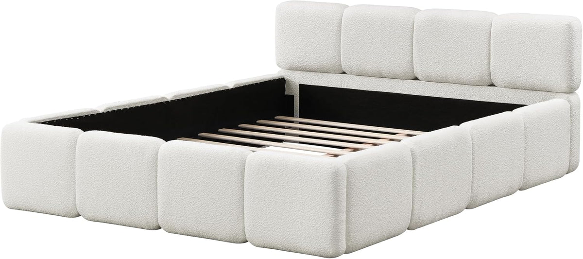 Christopher Knight Home Hazel Queen Size Platform Bed, Boucle Thick Headboard and Footboard, Upholstery Grounded Beds, Block Style, Wood Slat Panel Support, No Spring Box Needed, Easy Assembly, White