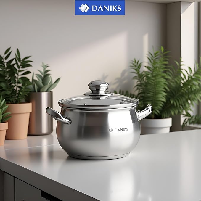 Daniks Classic Stainless Steel Stock Pot with Glass Lid – Induction 2 Quart, Dishwasher Safe, Measuring Scale, For Soup, Pasta, Stew, Silver