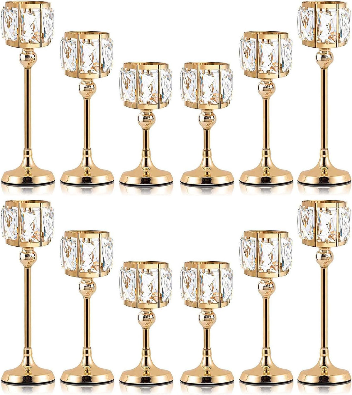 Set of 12 Gold Cup Crystal Tealight Candle Holders, Centerpieces for Table Wedding Centerpieces Crystal Decorative Tealight Candle Dining Table Candle Holder Decor for Party (3 Sizes)