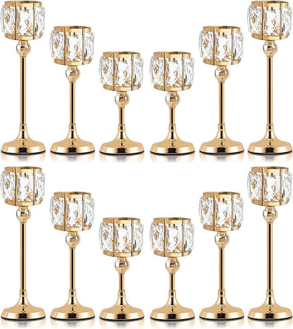 Set of 12 Gold Cup Crystal Tealight Candle Holders, Centerpieces for Table Wedding Centerpieces Crystal Decorative Tealight Candle Dining Table Candle Holder Decor for Party (3 Sizes)