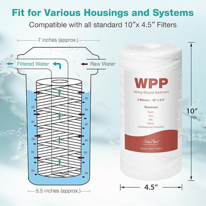 5 Micron 10" x 4.5" String Wound Water Filter Cartridge for Well Water, SimPure Whole House Sediment Filter Replacement for Housing DB10P DB10C (4 Pack)