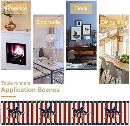 4th of July Table Runner, Patriotic Independence Day American Stars Stripes Flag Print Table Runner for Farmhouse Kitchen Dining Holiday Birthday Party, 13x36inch