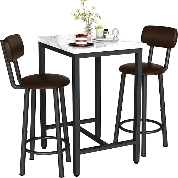 Dining Table Set, 23.6” Square Faux Marble Table with 2 PU Upholstered Backrest Chairs, 3-Piece Kitchen Dining Room Set for Small Spaces, Kitchen, Restaurant Furniture, White