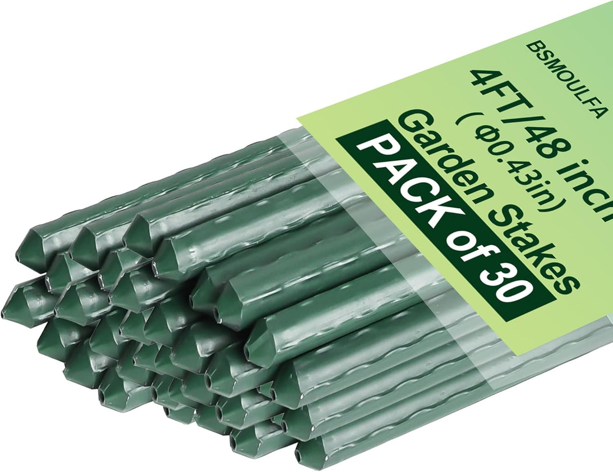 Garden Stakes 4ft, Metal Plant Stakes 4 Feet 30 Pack for Gardening and Farm, 48" Plastic Coated Plant Support for Tomato, Cucumber, Bean, Flower, Potted and More Climbing Plants