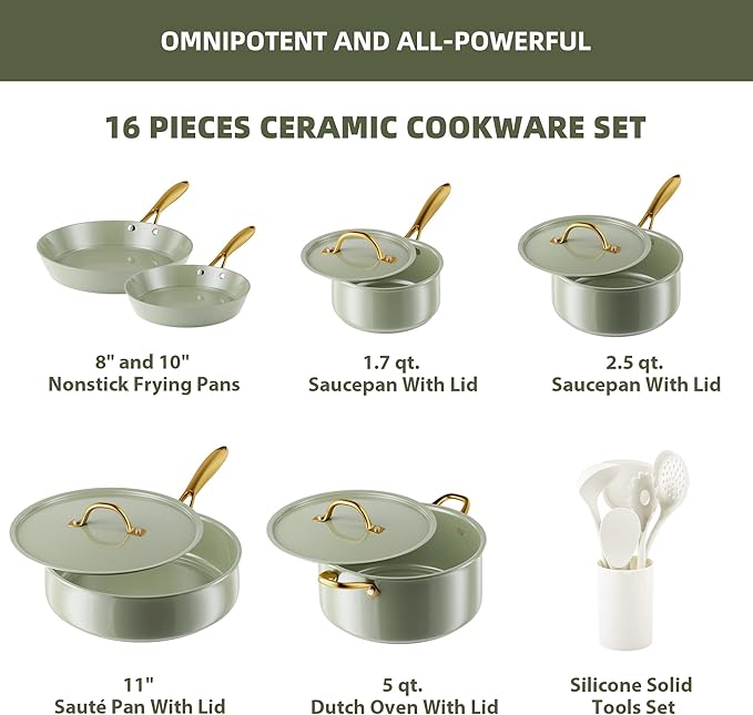VONIKI Ceramic Cookware Set - Nonstick Pots and Pans With Kitchen Utensils, Non-Toxic, Induction Compatible, Dishwasher and Oven Safe