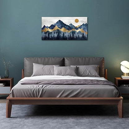 Abstract Nordic Canvas Wall Art - Indigo Blue and Brown Mountain Forest Picture Wall Decor Sun Birds Canvas Painting Nature Landscape Prints Artwork for Living Room Bedroom Decoration 20" x 40"