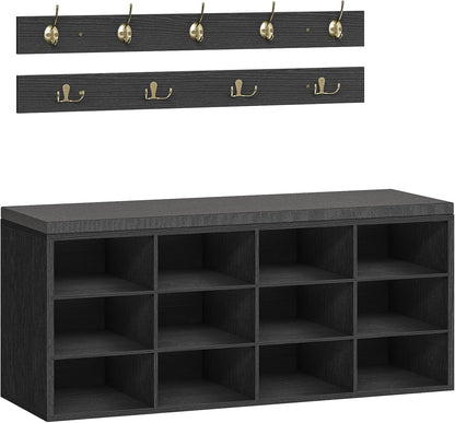 HOOBRO Shoe Storage Bench with Cushion, 39.4" L Entryway Bench with 12 Cubbies, Entryway Hall Tree with Storage, Cubby Shoe Rack Bench with Coat Rack for Hallway, Holds up to 330 lb, Black BB112HX01