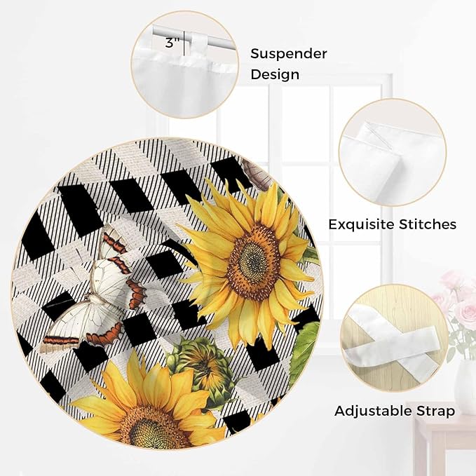 Sunflowers Living Room Curtains 84 Inch Length, Window Curtains Tab Top, Yellow Flowers Butterfly Farmhouse Black Plaid Light Filtering Window Treatments Drapes 42"x84" 2 Panel