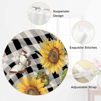 Sunflowers Living Room Curtains 84 Inch Length, Window Curtains Tab Top, Yellow Flowers Butterfly Farmhouse Black Plaid Light Filtering Window Treatments Drapes 42"x84" 2 Panel