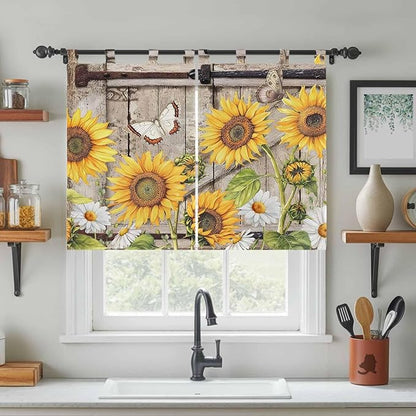 Farmhouse Sunflowers Bedroom Curtains 63 Inch Length, Window Curtains Tab Top, Rustic Barn Doors Flowers Butterfly Wooden Light Filtering Window Treatments Drapes 42"x63" 2 Panel
