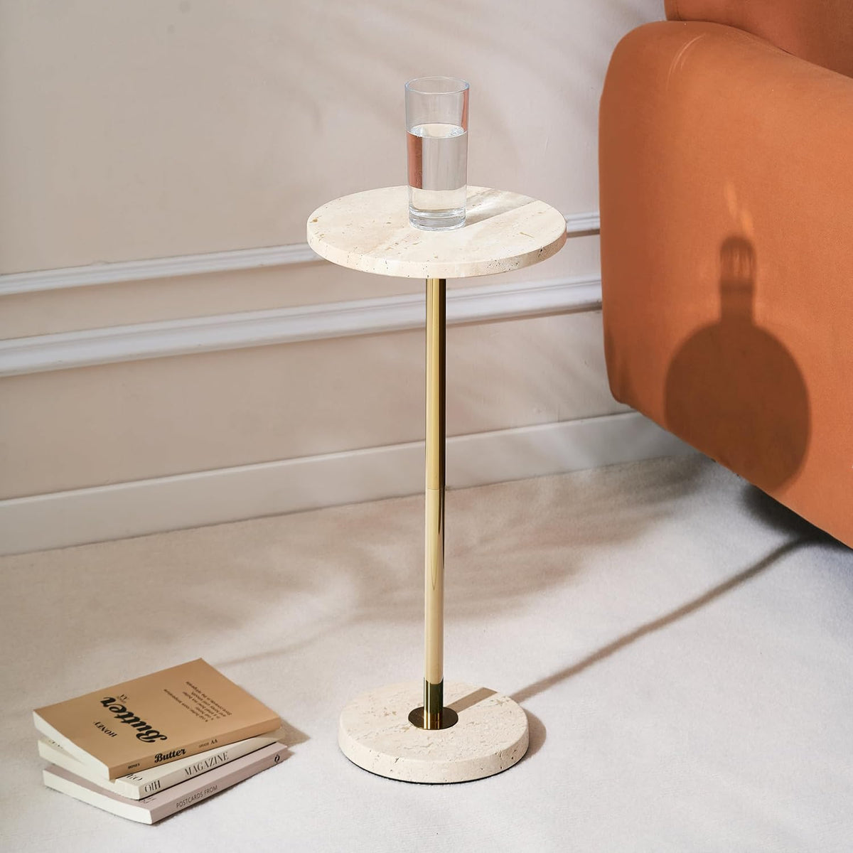 Premium Small Round Natural Marble Pedestal Side Table, End Table, Mini Drink Table with Upgraded Weighted Marble Base, for Livingroom, Bedroom, Bathroom, Balcony, Small Spaces (Beige Travertine)