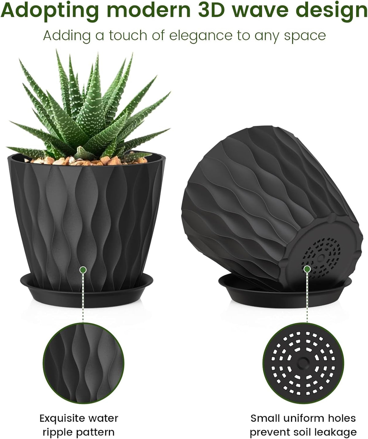 5 inch Plant Pots for Indoor Outdoor Plants, 6 Pack Thick Nursery Pots with Drainage Holes and Saucers, 3D Modern Wave Texture Small Plastic Planter Flower Pots for Succulent, Herb, Black