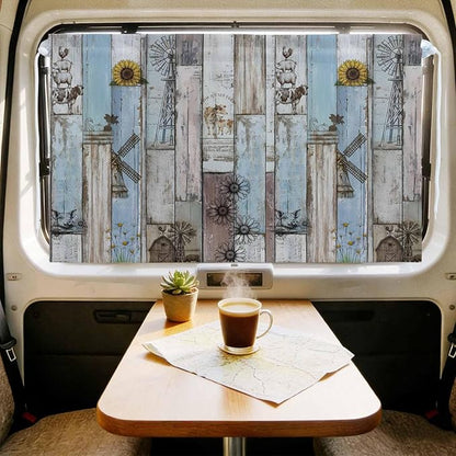Blue Grey Wooden Magnetic Double Layer Car Window Shades,Side Window Curtains for Blackout/Breathable Mesh View,Farmhouse Barn Sunflowers Retro Privacy Sun Shades for Heat/UV Protection 26x20in 2pcs