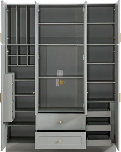 Virubi Modern Large Kitchen Pantry with 6 Doors, 53.2" L x 17.7" W Storage Cabinet - Adjustable Shelves, Pull-Out Trays, Wine Rack & Drawers for Dining Room/Kitchen Organization (Green)