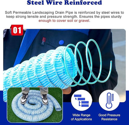 5cm/2in Diameter French Drain Pipe Perforated Drainage Pipes, Soft Infiltration Tubular Underground Drainage Systems for Outside Driveway/Sidewalk, Steel Wire Reinforced Permeable Tube(2900cm)