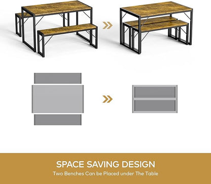 Gizoon 45.5" Dining Table Set for 4 with 2 Benches, Kitchen Table Set with Metal Frame & MDF Board, Space-Saving Dinette for Kitchen, Dining Room -Retro