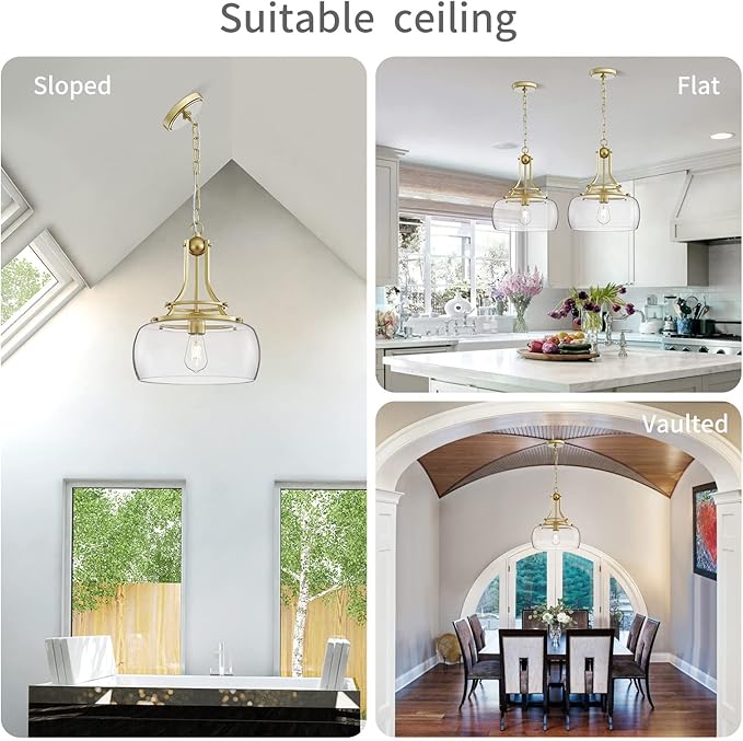 WUZUPS Chandelier Rustic Farmhouse Industrial Round Ceiling Pendant LED Light Fixture with Clear Glass Shades for Dining Room Kitchen Island Foyer Entryway, H 17" x W 13.4", E26 Base, Gold