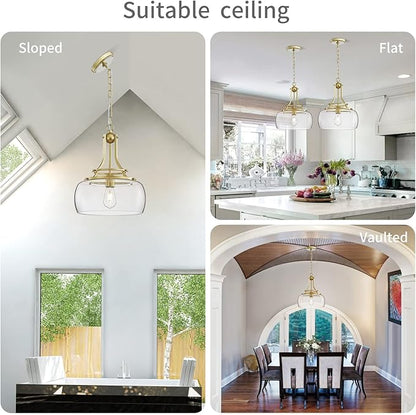 WUZUPS Chandelier Rustic Farmhouse Industrial Round Ceiling Pendant LED Light Fixture with Clear Glass Shades for Dining Room Kitchen Island Foyer Entryway, H 17" x W 13.4", E26 Base, Gold