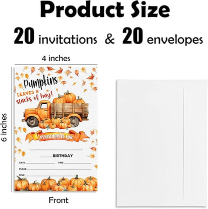 Leaves & Stacks Of Hay Birthday Party Invitation - Set Of 20 Fall Pumpkin Invite Cards With Envelopes - Autumn Birthday Invitation Cards For Boys Girls - Thanksgiving Birthday Party Supplies Decor-A06